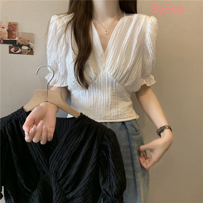 Áo Kiểu Cổ Chữ V Thiết Kế Xếp Ly Phong Cách Retro Pháp Cho Nữ