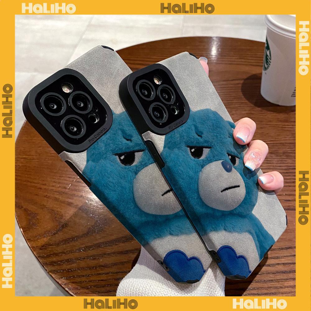 Ốp Lưng iPhone 11 Vỏ Da Veneer Màu Xám Vỏ Lông Học Trò Vỏ Mềm Chống Sốc Hình Gấu Xanh Dễ Thương Tương thích với iPhone 14 Pro max 13 Pro max 12 Pro Max XR XS 6Plus 7Plus 8Plus