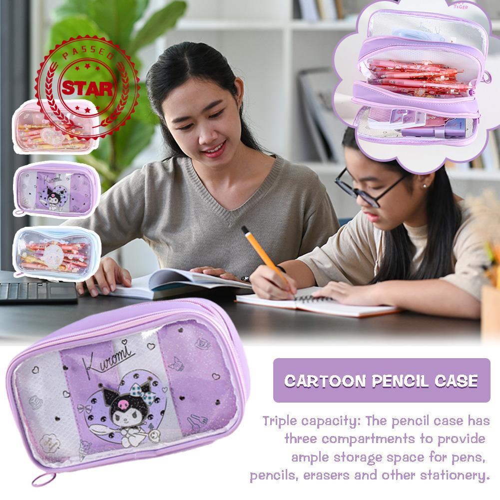 Túi Đựng Bút Bằng Da PU Chống Nước Ba Lớp Họa Tiết Hoạt Hình Dễ Thương S6V3