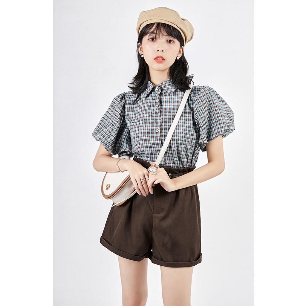 Set Áo Sơ Mi Tay Phồng Kẻ Sọc Caro + Quần Dài Lưng Cao Ống Rộng Phong Cách Retro Cho Nữ