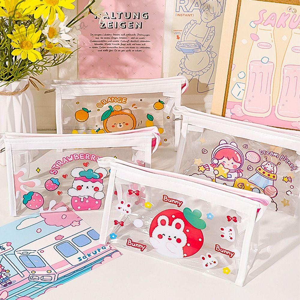 AUGUSTINA Túi Đựng Bút Bằng PVC Trong Suốt Chống Nước Họa Tiết Hoạt Hình Phong Cách Hàn Quốc