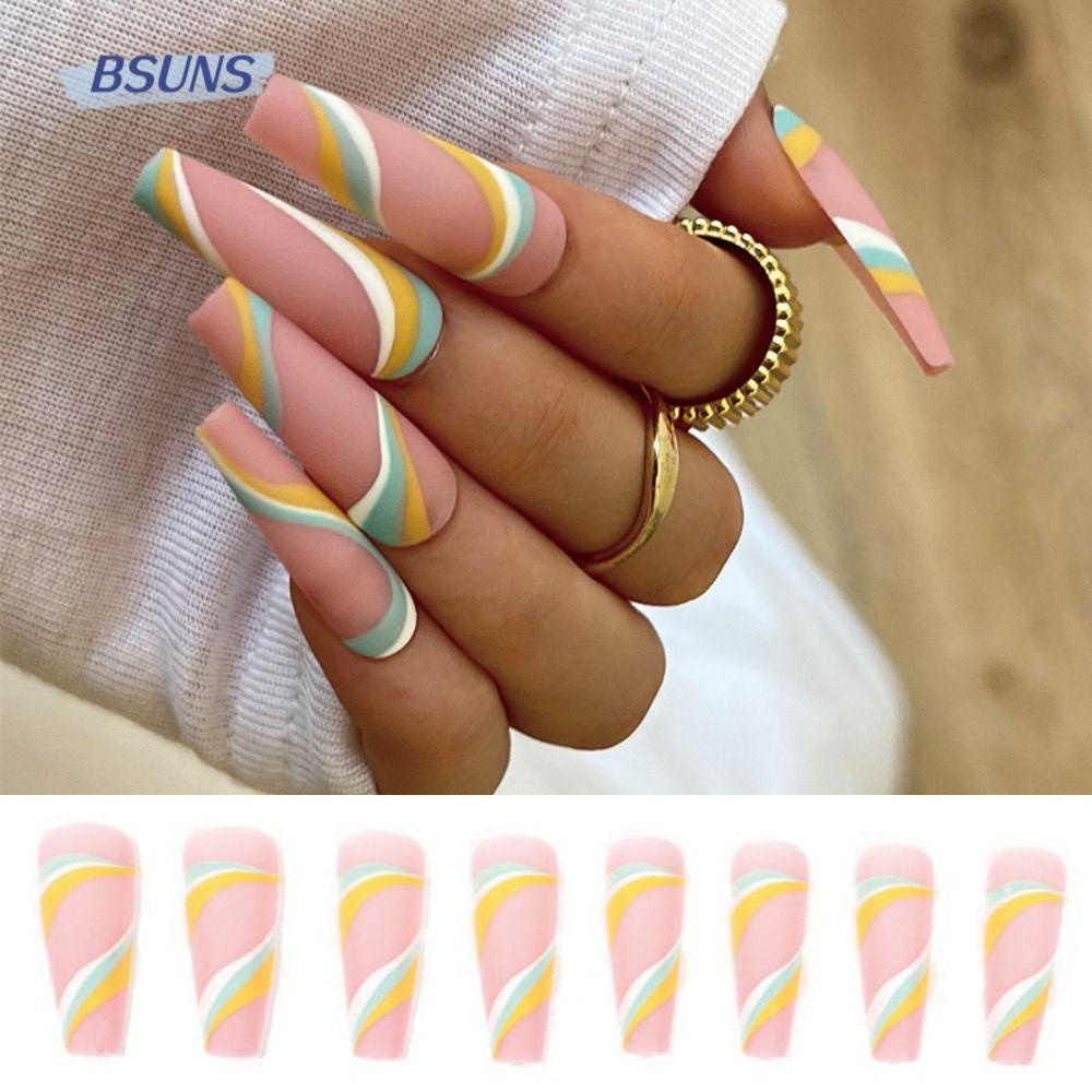 BSUNS Bộ 24 Móng Tay Giả Che Phủ Toàn Diện Gợn Sóng Nhiều Màu DIY
