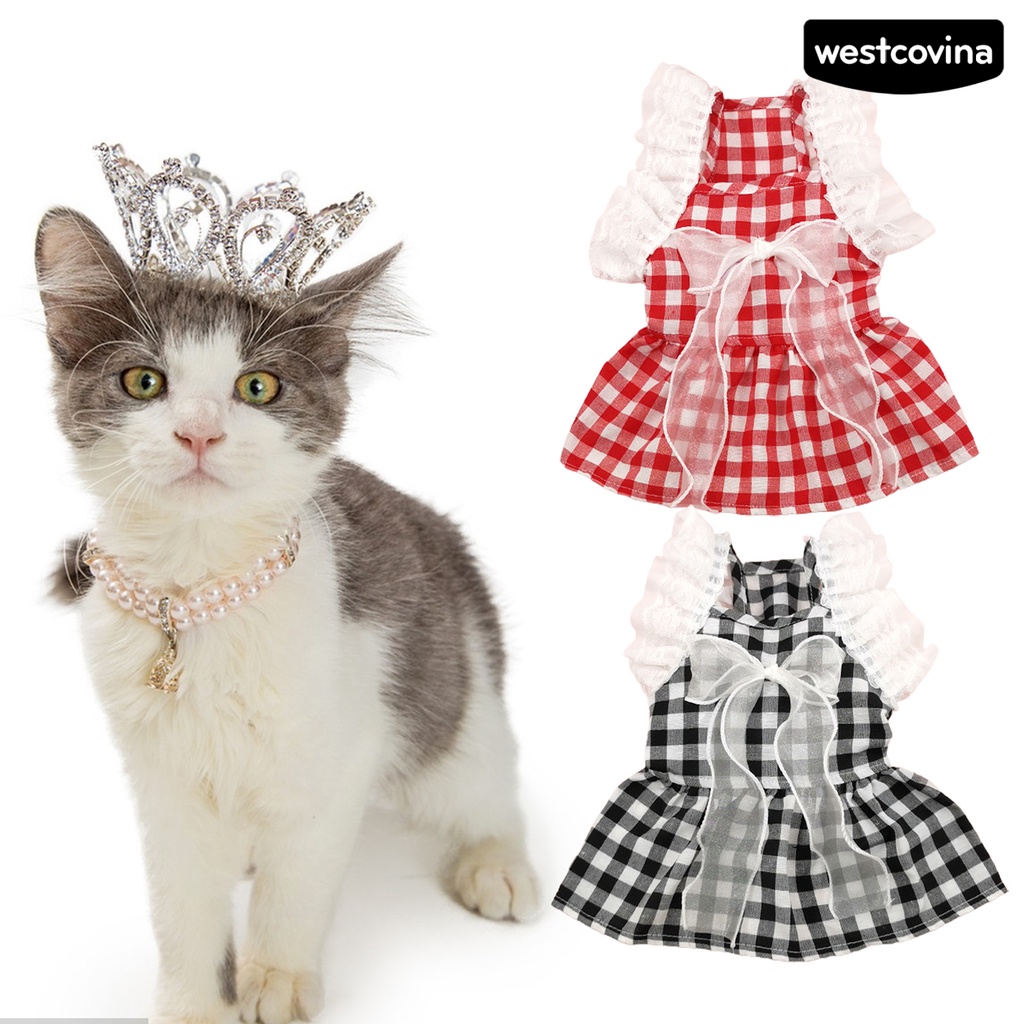 [COD]♞Đầm Công Chúa Họa Tiết Caro Đính Nơ Phối Ren Xinh Xắn Cho Thú Cưng