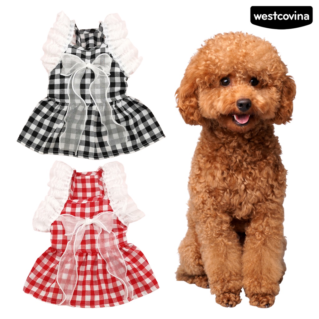 [COD]♞Đầm Công Chúa Họa Tiết Caro Đính Nơ Phối Ren Xinh Xắn Cho Thú Cưng