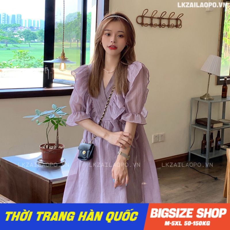 Váy đầm nữ Bigsize Đầm babydoll voan dáng suông tay ngắn cổ chữ v bánh bèo mùa hè Phong cách Hàn Quốc Thời Trang đẹp