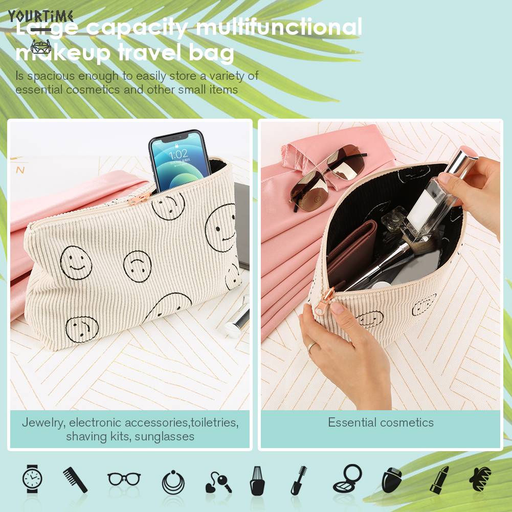 Túi Đựng Mỹ Phẩm Hai Mặt Bằng Vải Nhung Kẻ Dễ Thương Xinh Xắn