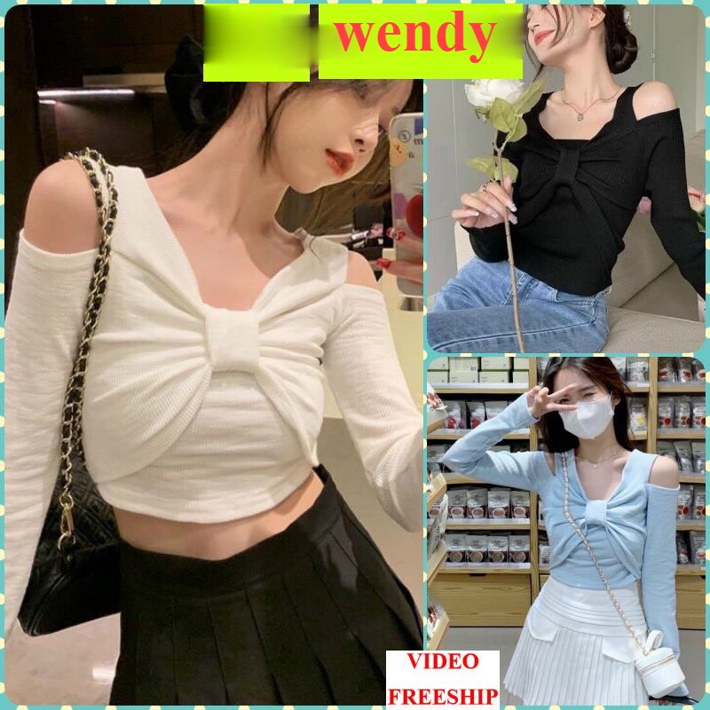 ÁO CROPTOP KIỂU LỬNG GB NỮ CỔ V DÀI TAY KHOÉT VAI THẮT NƠ NGỰC CHẤT THUN GÂN DÀY DẶN CO GIÃN MÀU TRẮNG ĐEN XANH wendy