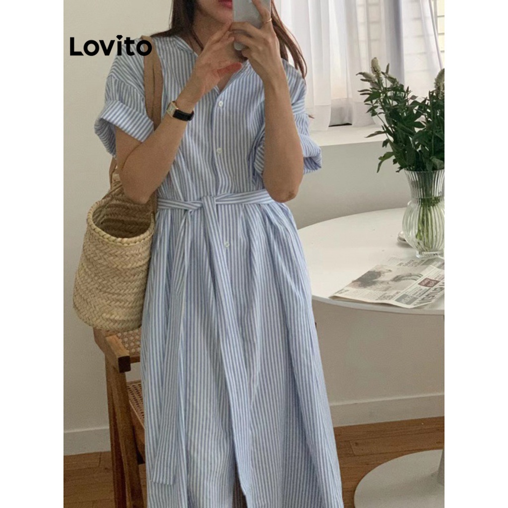 Lovito Váy midi chữ A tay ngắn phối nút phía trước phối nút thắt lưng phong cách Boho cho nữ LNE09194 (Màu xanh da trời)