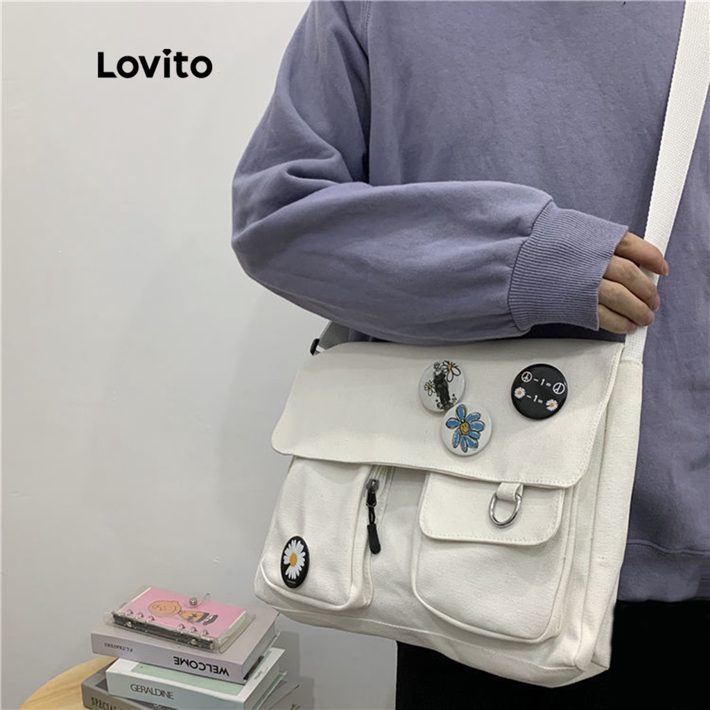 Lovito Túi tote đeo vai màu trơn đơn giản cho nữ LNA09114 (Trắng đen)