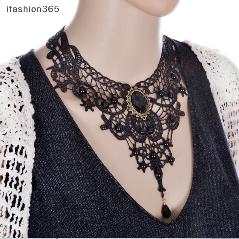 [ifashion365] Vòng Cổ Choker Ren Đen Đính Hạt Phong Cách Victoria Steampunk Gothic