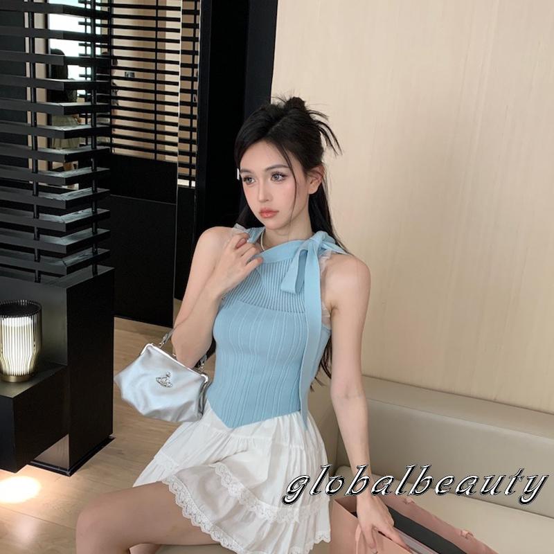 Áo Croptop Dệt Kim Không Tay Thắt Nơ Thời Trang Mùa Hè Dành Cho Nữ