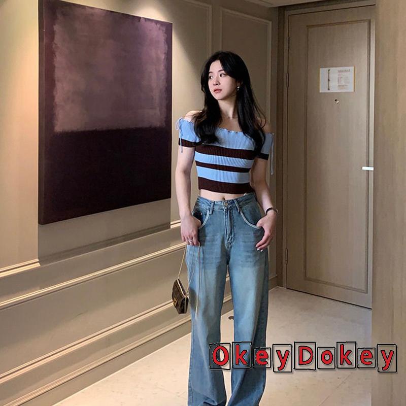 Áo Thun Crop Top Dệt Kim Trễ Vai Tay Ngắn Họa Tiết Kẻ Sọc Cho Nữ