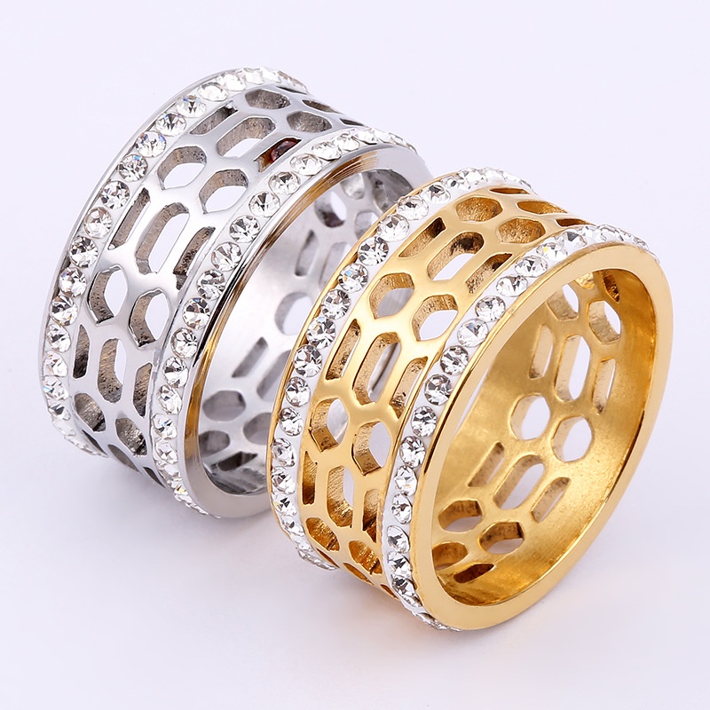 Nhẫn Thép Titan 9mm Dạng Lưới Rỗng Đính Đá zircon Phong Cách Mới Cho Nam Và Nữ