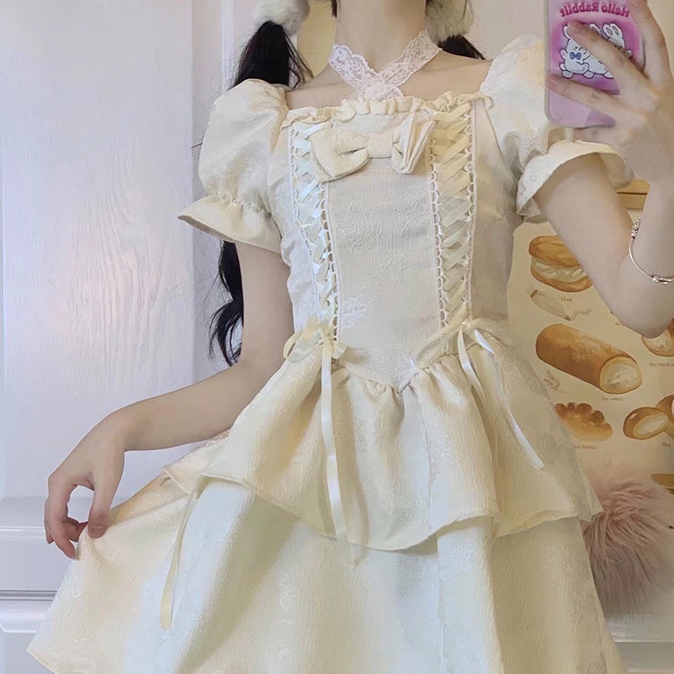 Đầm Công Chúa Mori Dáng Ngắn Tay Phồng Đính Nơ Kiểu Pháp Dễ Thương