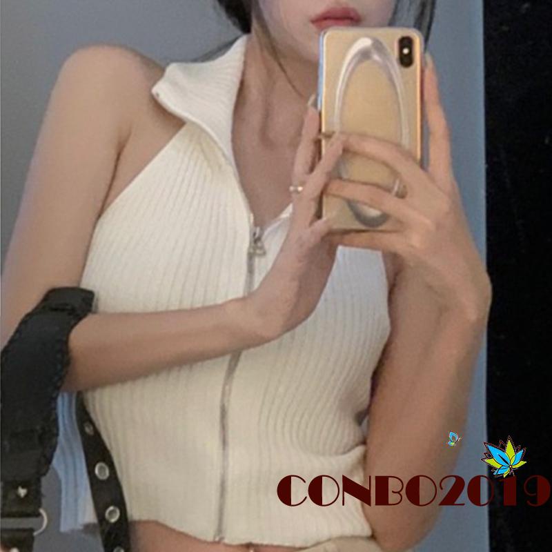 Áo Crop Top Dệt Kim Màu Sắc Đơn Giản Phối Khóa Kéo Thời Trang Mùa Hè Cho Nữ