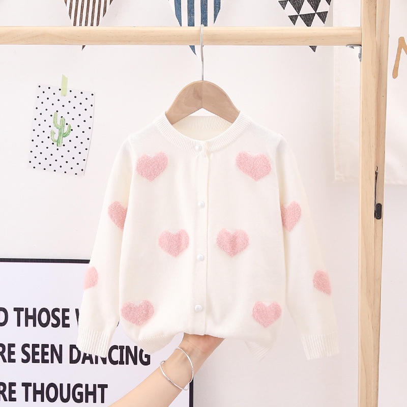 Áo khoác cardigan BEIBEIYIN len dệt kim lông chồn họa tiết trái tim thời trang mùa thu cho bé gái