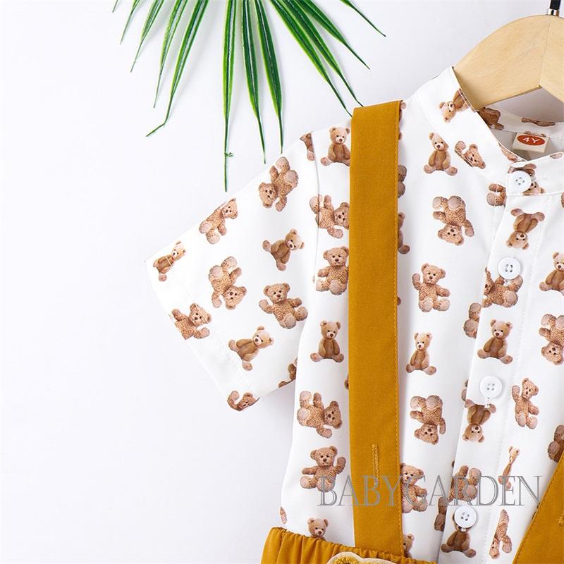 Set Đồ Mùa Hè 3 Món Gồm Áo Sơ Mi Tay Cộc Cài Nút + Quần Yếm + Nón Quý Ông Cho Bé Trai / 3-7 Tuổi