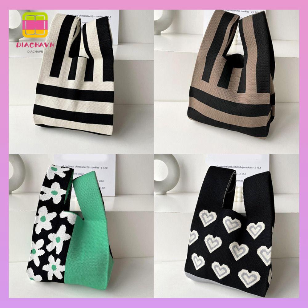 DIACHAVN Túi Xách Đan Len Họa Tiết Trái Tim Thắt Nút Xinh Xắn