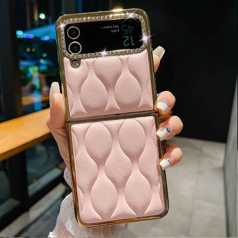 Ốp Điện Thoại Da Nắp Gập Đính Kim Cương Mạ Điện Chống Rơi Cho Samsung Galaxy Z Flip 4 3 Flip4 Flip3 5G