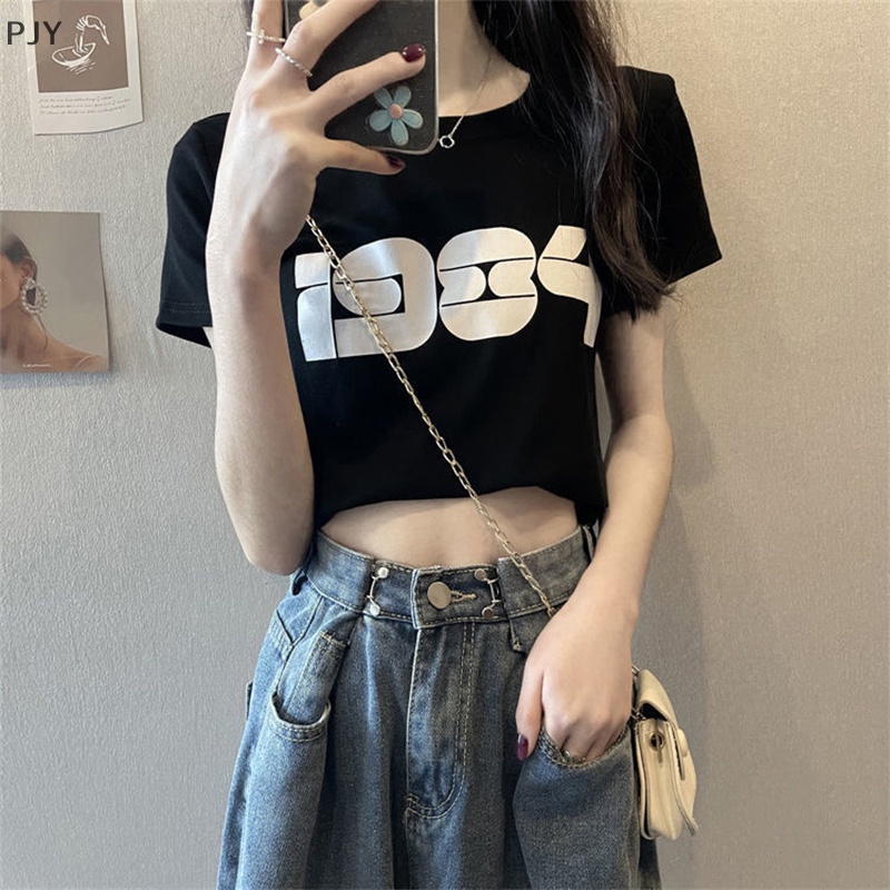 Áo Thun Crop Top Tay Ngắn Cổ Tròn In Chữ Số Thời Trang Mùa Hè Cho Nữ PJ