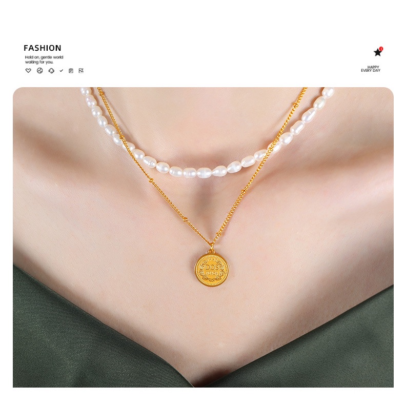 Vòng cổ Hai Lớp Bằng Thép Titan Mạ Vàng Đính Ngọc Trai Sang Trọng Cho Nữ