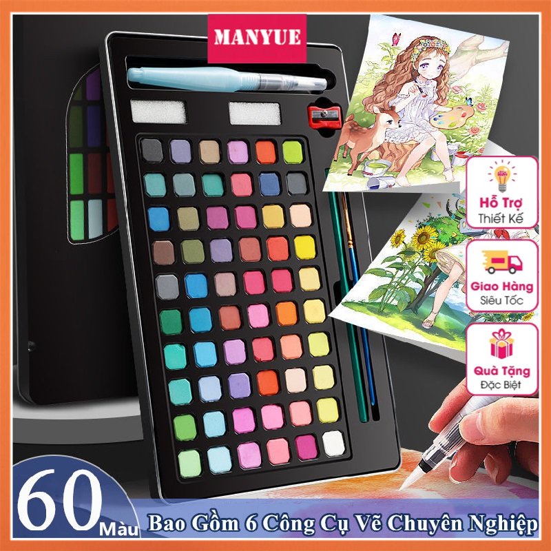 Bộ Màu Nước Dạng Nén Kèm Bộ 6 Họa Cụ Chuyên Nghiệp MANYUE - 36/48/60 Solid Water Color Tô Màu, Vẽ
