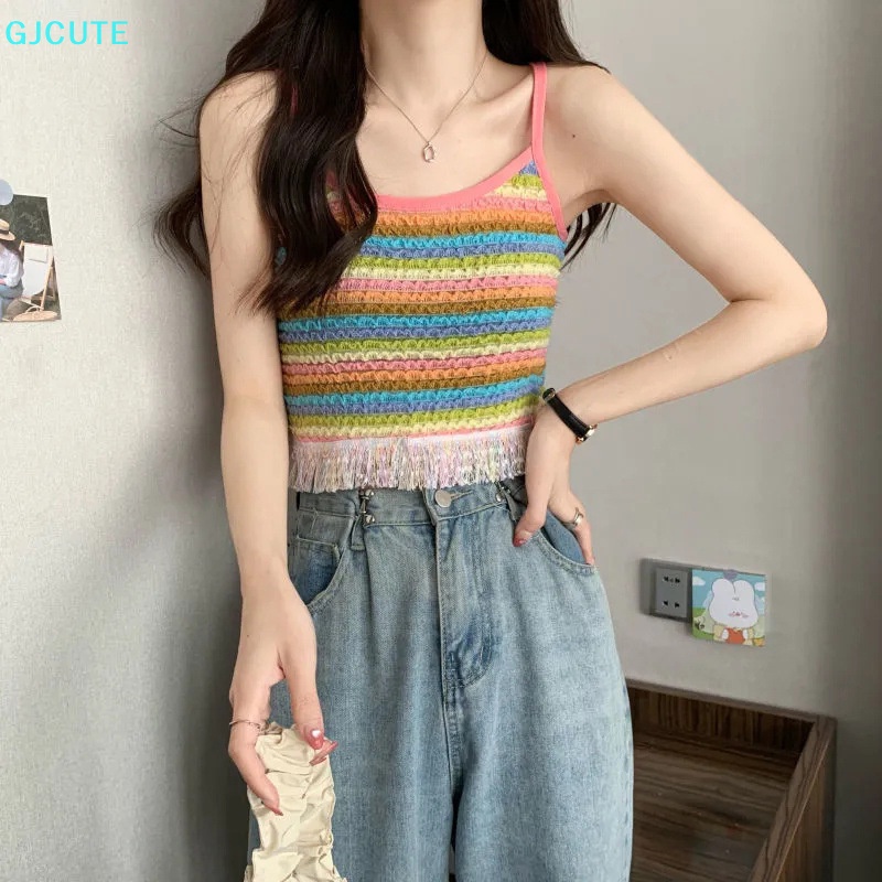 GJCUTE Mfc Áo Dệt Kim Không Tay Dáng Ôm Họa Tiết Kẻ Sọc Nhiều Màu Sắc Phối Tua Rua Thời Trang Mùa Hè