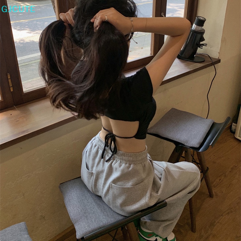 GJCUTE Áo Thun Crop Top Tay Ngắn Cổ Tròn Màu Trơn Cột Dây Hở Lưng Gợi Cảm Thời Trang Mùa Hè Cho Bạn Gái