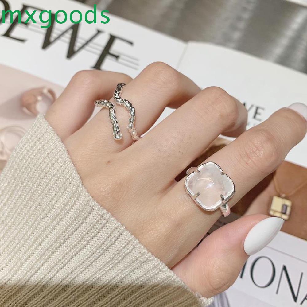 MXGOODS Nhẫn Hở Hình Vuông Hai Đường Kẻ Độc Đáo Có Thể Điều Chỉnh Kích Thước Cho Nữ