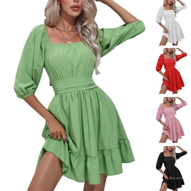 Đầm Ngắn Dáng Chữ A Tay Ngắn Phồng Cổ Vuông Hở Lưng Phối Bèo Eo Co Giãn Cho Nữ