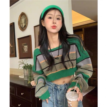 Áo Sweater Kẻ Sọc Xanh Lá Phong Cách Retro