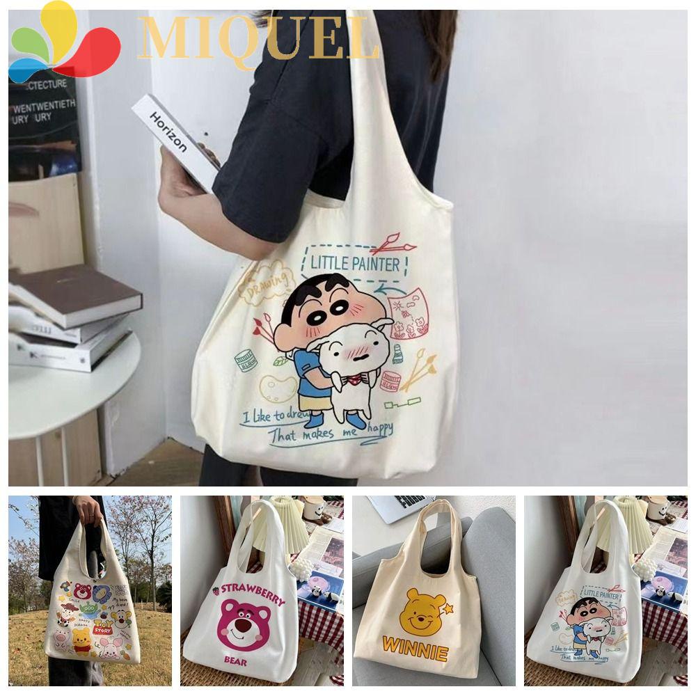 MIQUEL Túi Tote Đeo Vai / Xách Tay Bằng Vải Bạt Sức Chứa Lớn Họa Tiết Gấu Dâu Tây Hoạt Hình Hợp Thời Trang Cho