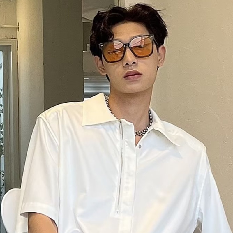 Áo Sơ Mi Tay Ngắn Dáng Rộng Màu Trơn Có Khóa Kéo Phong Cách Hàn Quốc Thời Trang Mùa Hè Hàng Mới Dành Cho Bạn Nam