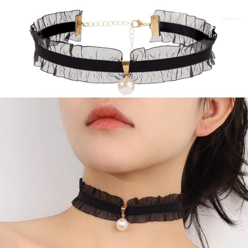 Vòng Cổ Choker Ren Đính Hạt Ngọc Trai Trắng Thời Trang Cho Nữ
