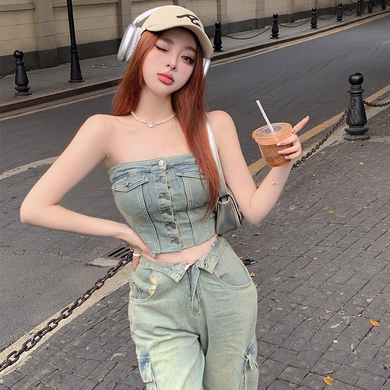 「Nonfatgirl」Bộ Áo Ống Retro + Quần Yếm Jean Ngắn Ống Rộng Lưng Cao Kiểu Mỹ