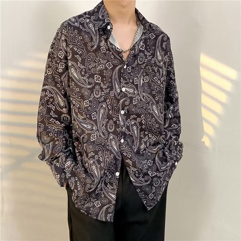 Áo Sơ Mi Tay Dài Dáng Rộng In Họa Tiết Phong Cách Hàn Quốc Thời Trang Mùa Hè Cho Nam