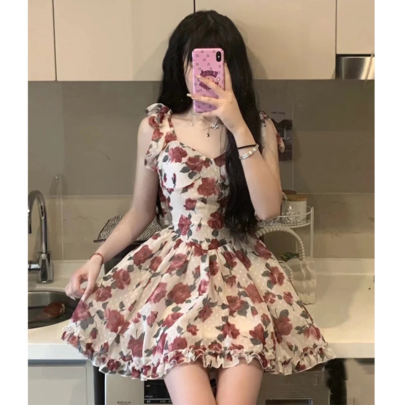 Đầm Hai Dây Dáng Ôm In Họa Tiết Hoa Hồng Thời Trang Mùa Hè Phong Cách Mới Lãng Mạn