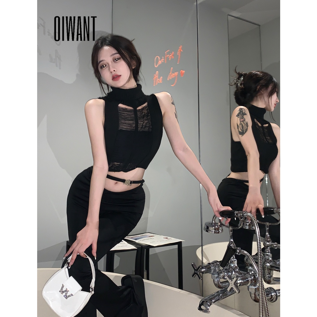 Áo Dệt Kim Sát Nách Dáng Ngắn Cổ Cao Màu Trơn Thời Trang 2023 Cho Nữ