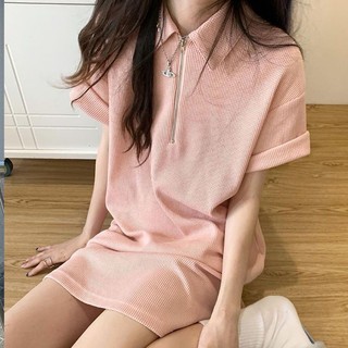 Waffle Polo Cổ Áo Thẳng Thời Trang Mùa Hè Màu Trơn Đơn Giản Giảm Tuổi Váy Ngắn Cho Nữ