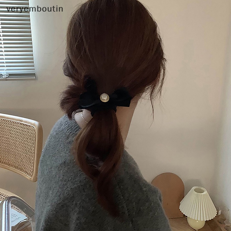 Dây Buộc Tóc Cao Su Co Giãn Bọc Vải Nhung Màu Đen Đính Hạt Ngọc Trai Đơn Giản