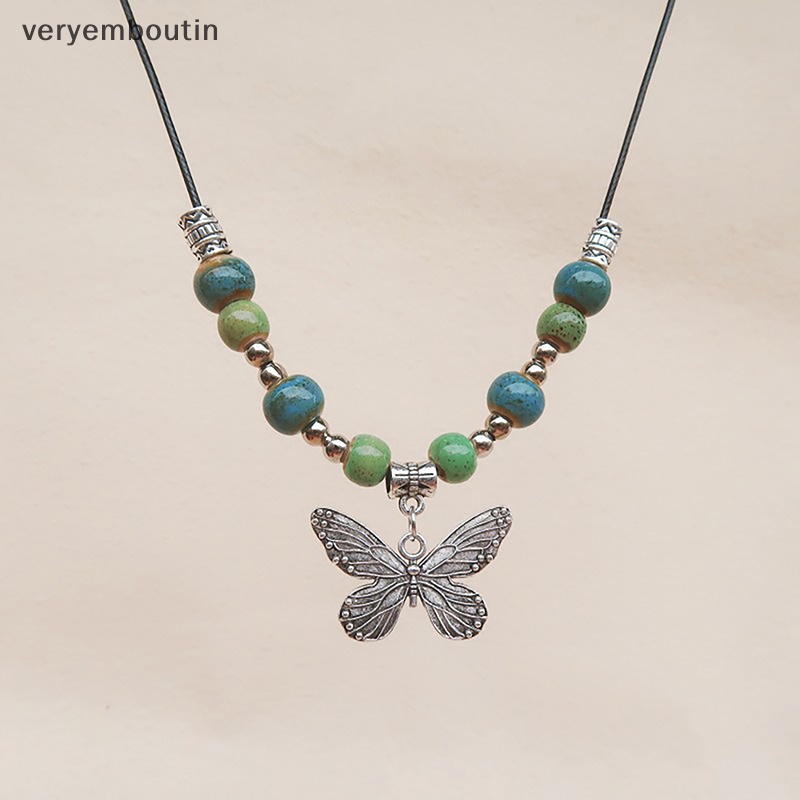 Vòng cổ Hạt Gốm Mặt Hình Bướm Phong Cách Bohemian Cổ Điển