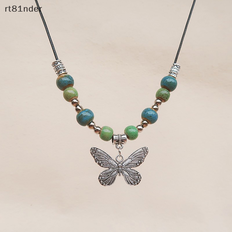 Rt Vòng cổ Hạt Gốm Mặt Hình Bướm Phong Cách Bohemian Cổ Điển Có Thể Điều Chỉnh