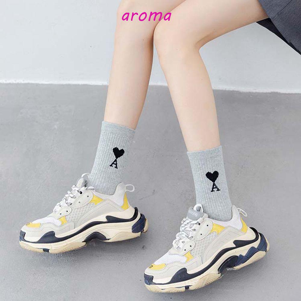 AROMA Vớ Cotton Cổ Cao Thêu Họa Tiết Trái Tim Đơn Giản Thời Trang Cho Cặp Đôi