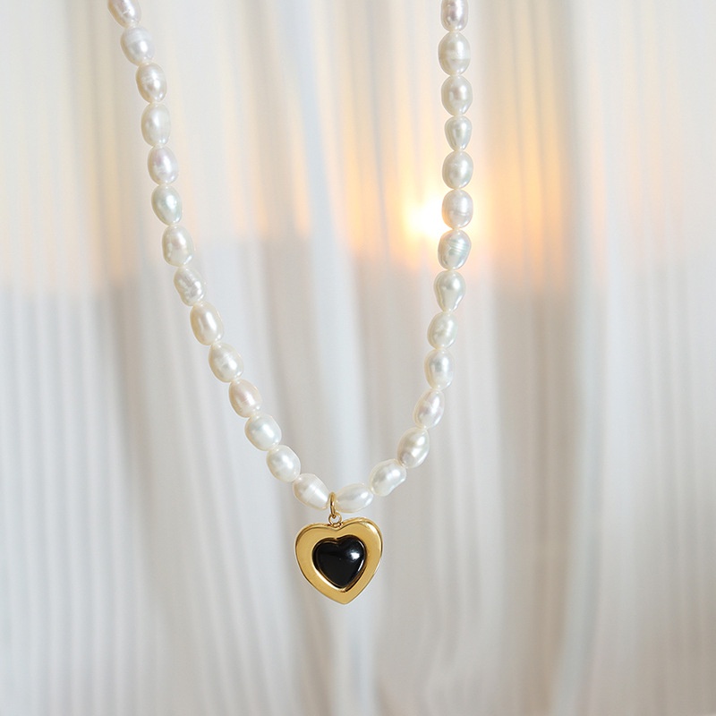 Vòng cổ Thép Titan Mặt Kính Hình Oval Đính Ngọc Trai Giả Phong Cách Retro Pháp