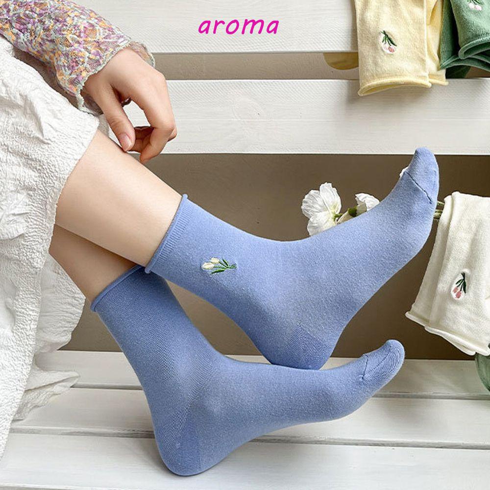 AROMA Vớ Cotton Màu Trơn Thoáng Khí Thêu Hình Hoa Tulip Thời Trang Cho Nữ