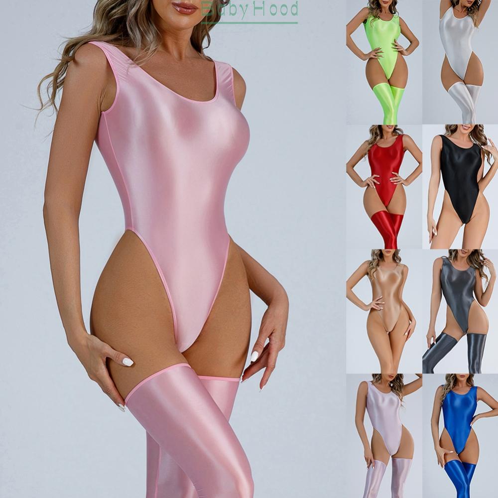 Women Glossy Swimsuit High Cut Backless Thong Bodysuit oily Blackless Leotard#BBHOOD