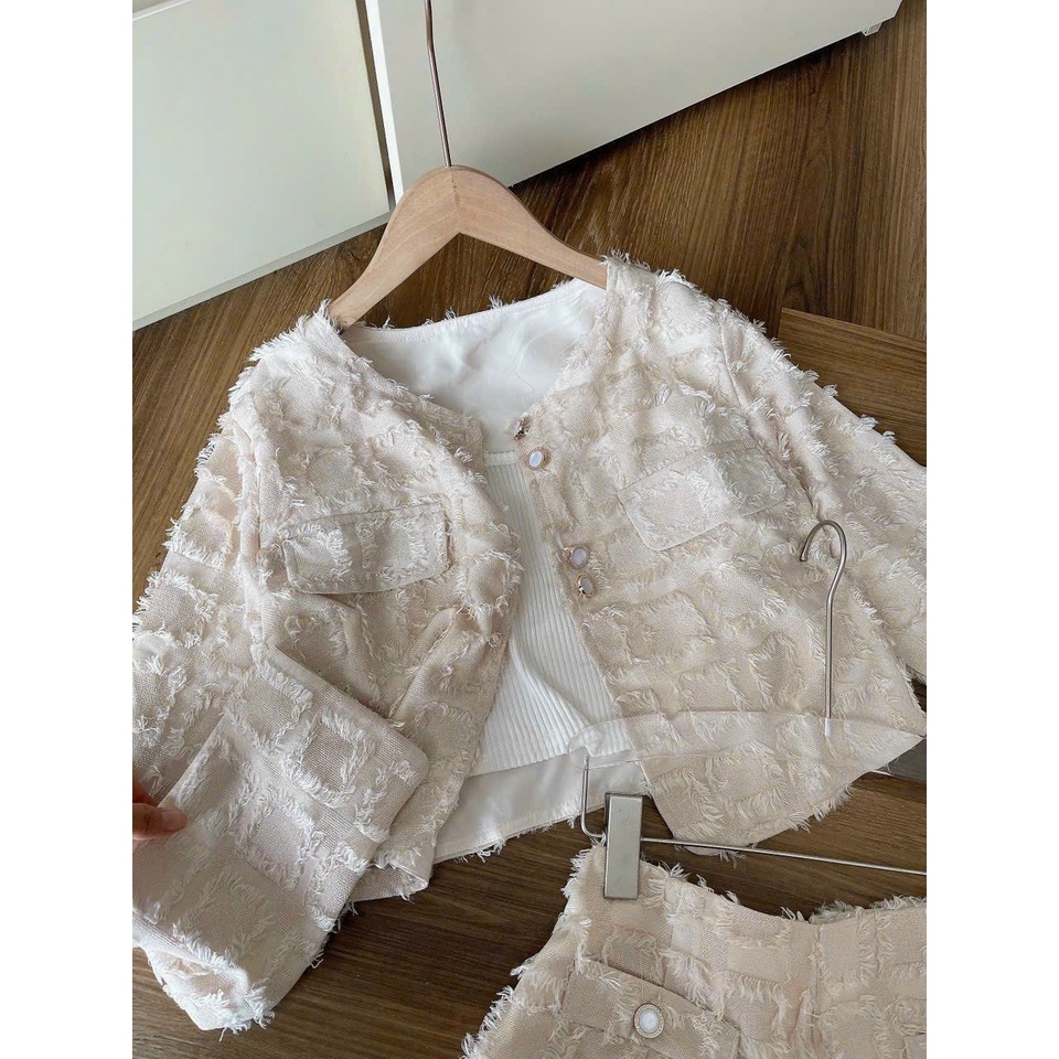 Set croptop dạ long vũ kèm áo croptop trong + short kem