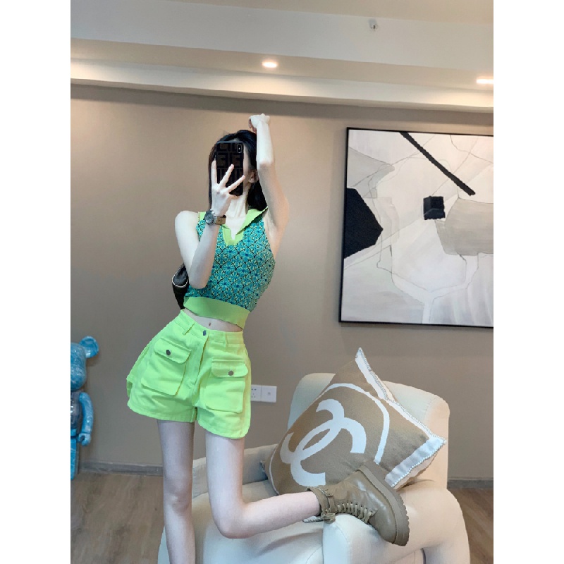 New lapel camisole for girls design sense niche interior fluorescent color tooling shorts suit all-match neck top T-shirt shorts two-piece suit