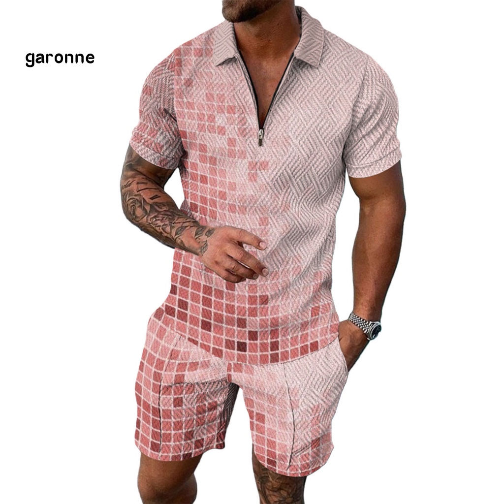 Set 2 Món Áo Thun Tay Ngắn Cổ Bẻ Dáng Rộng Có Khóa Kéo + Quần Short Thời Trang Cho Nam