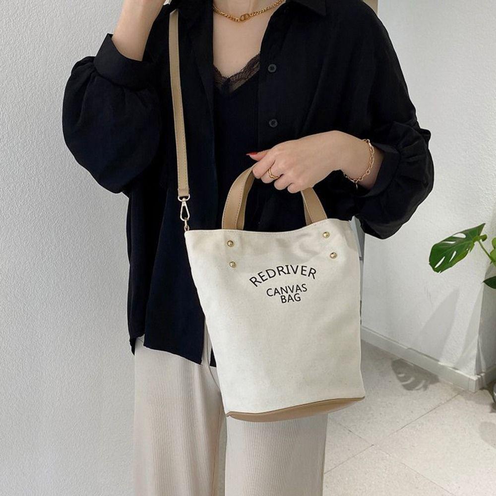 LOMBARD Túi Xách Vải Canvas Cỡ Lớn Phối Dây Da Phong Cách Retro Cho Nữ